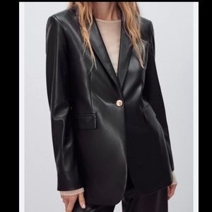Zara Faux Leather Blazer Black Gold Buttons Blogger Favorite